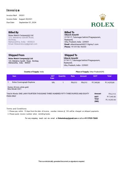 Rolex receipt invoice template